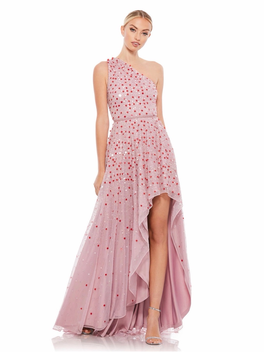 Mac Duggal Dusty Pink One-Shoulder High-Low Gown with Red Accent